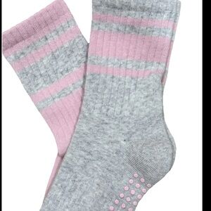 NEW 2 Pack Pink and Gray Striped Mid Crew GRIP Socks PILATES YOGA BARRE